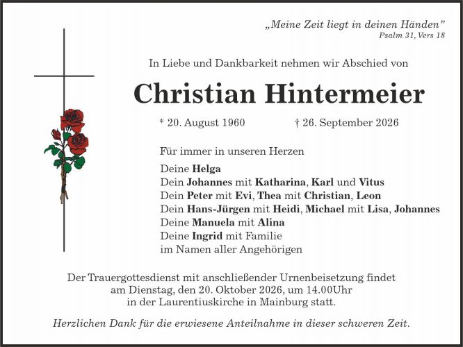 Traueranzeige Christian Hintermeier
