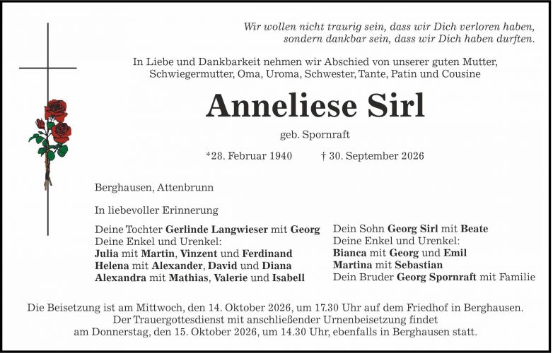 Traueranzeige Anneliese Sirl geb. Spornraft