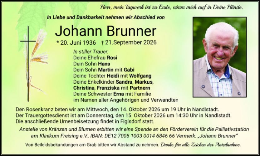 Traueranzeige Johann Brunner