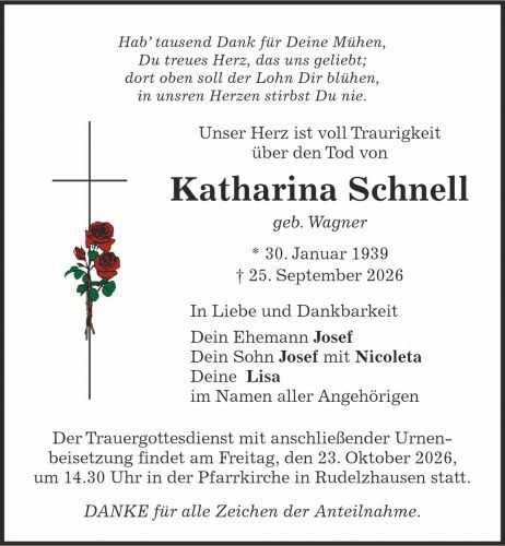 Traueranzeige Katharina Schnell geb. Wagner