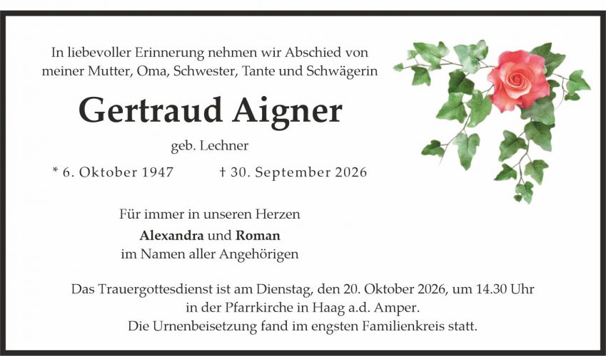 Traueranzeige Gertraud Aigner geb. Lechner