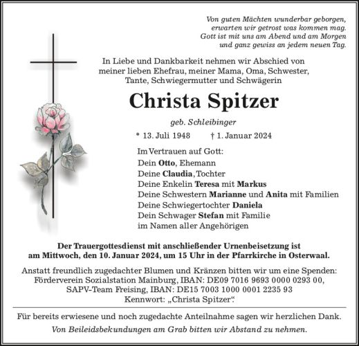 Traueranzeige Christa Spitzer geb. Schleibinger