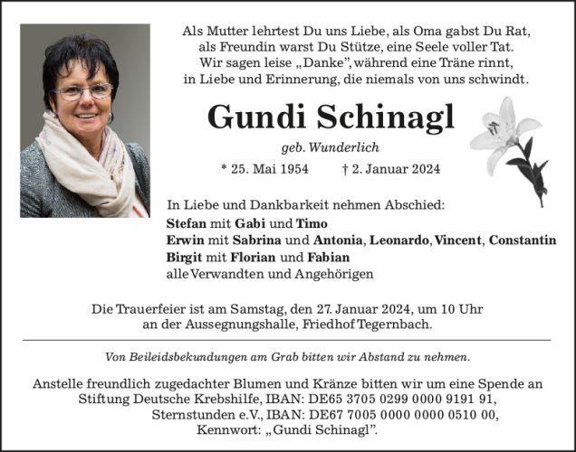 Traueranzeige Gundi Schinagl geb. Wunderlich