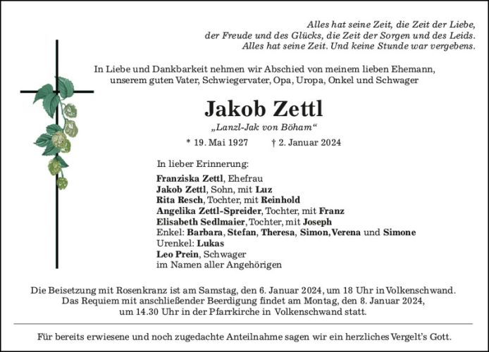 Traueranzeige Jakob Zettl