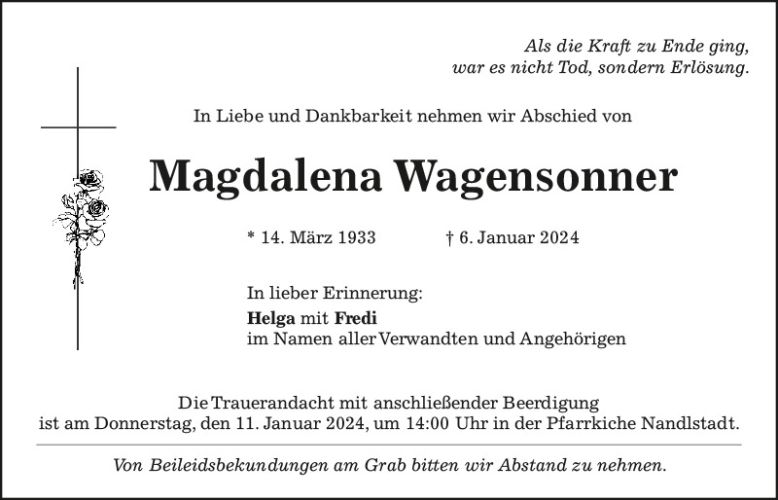 Traueranzeige Magdalena Wagensonner